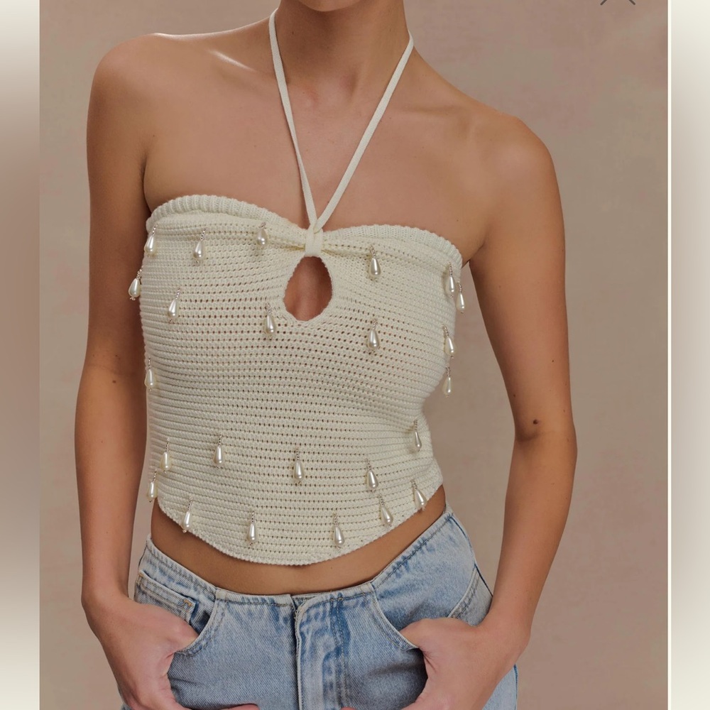 Meshki “Aletta” Knit Pearl Beaded Halter Top